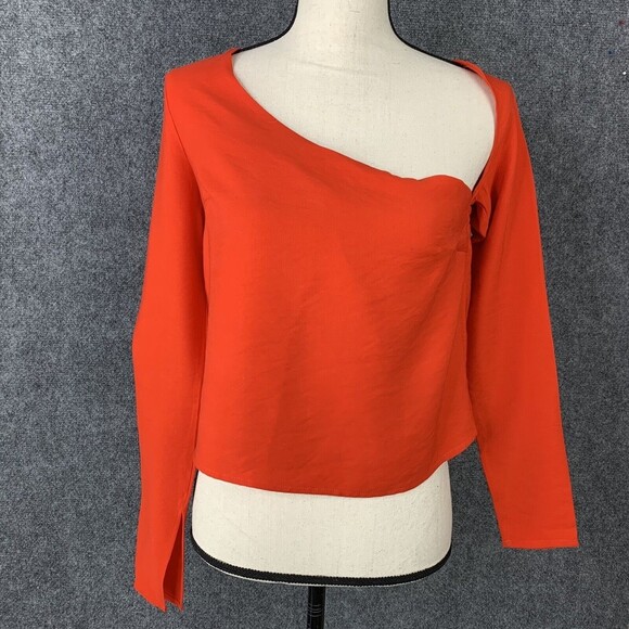 Line Dot Red Crop Top Women XS Long Sleeve Asymmetrical Neckline  Side Zipper - Picture 1 of 12